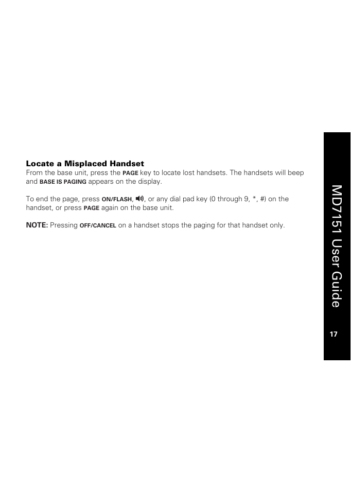 Locate a misplaced handset, Md7151 user guide | Motorola MD7151 User Manual | Page 31 / 57