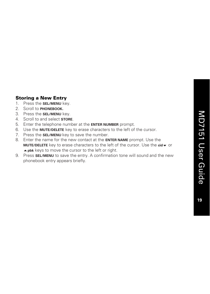 Storing a new entry, Md7151 user guide | Motorola MD7151 User Manual | Page 33 / 57