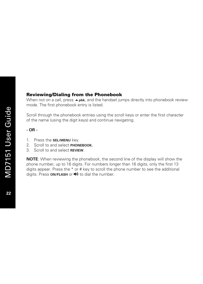 Reviewing/dialing from the phonebook, Md7151 user g u ide | Motorola MD7151 User Manual | Page 36 / 57
