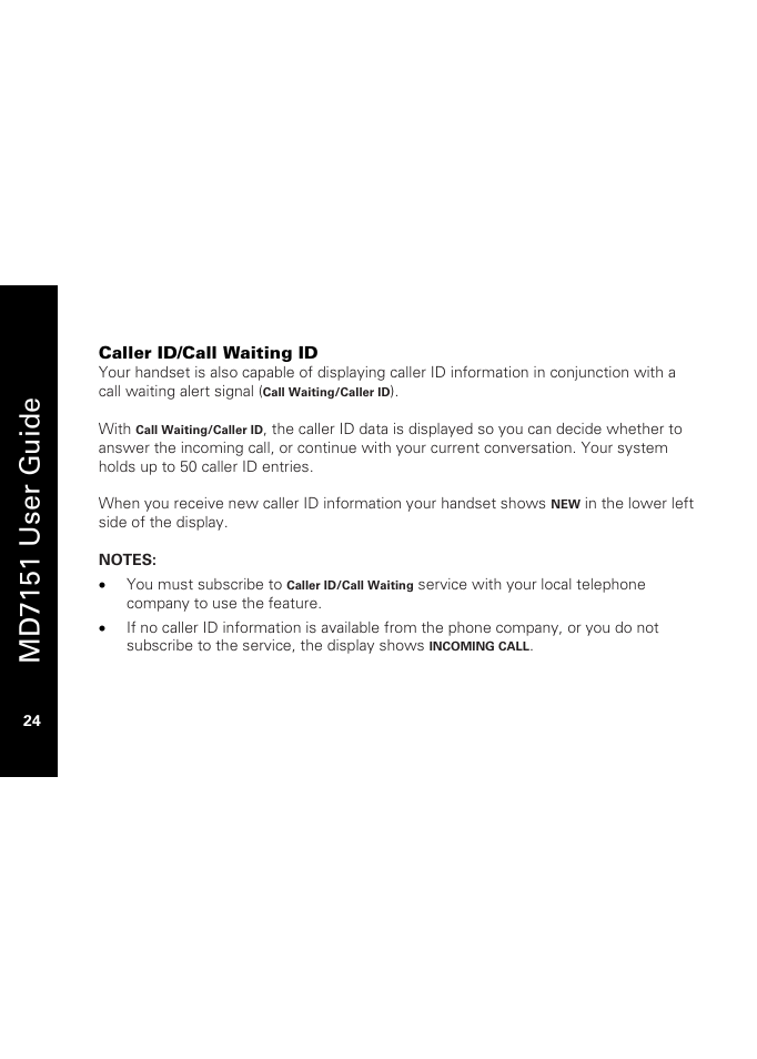 Caller id/call waiting id, Md7151 user g u ide | Motorola MD7151 User Manual | Page 38 / 57