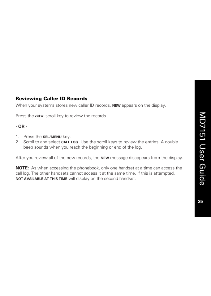 Reviewing caller id records, Md7151 user guide | Motorola MD7151 User Manual | Page 39 / 57