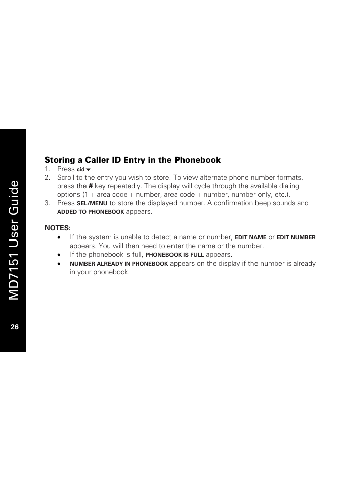 Storing a caller id entry in the phonebook, Md7151 user g u ide | Motorola MD7151 User Manual | Page 40 / 57