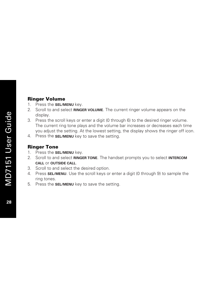 Ringer volume, Ringer tone, Md7151 user g u ide | Motorola MD7151 User Manual | Page 42 / 57