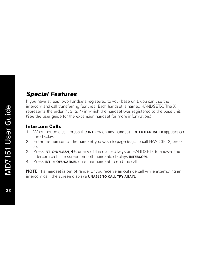 Special features, Intercom calls, Md7151 user g u ide | Motorola MD7151 User Manual | Page 46 / 57