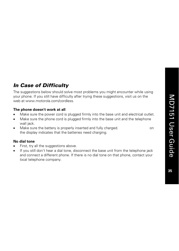 In case of difficulty, Md7151 user guide | Motorola MD7151 User Manual | Page 49 / 57