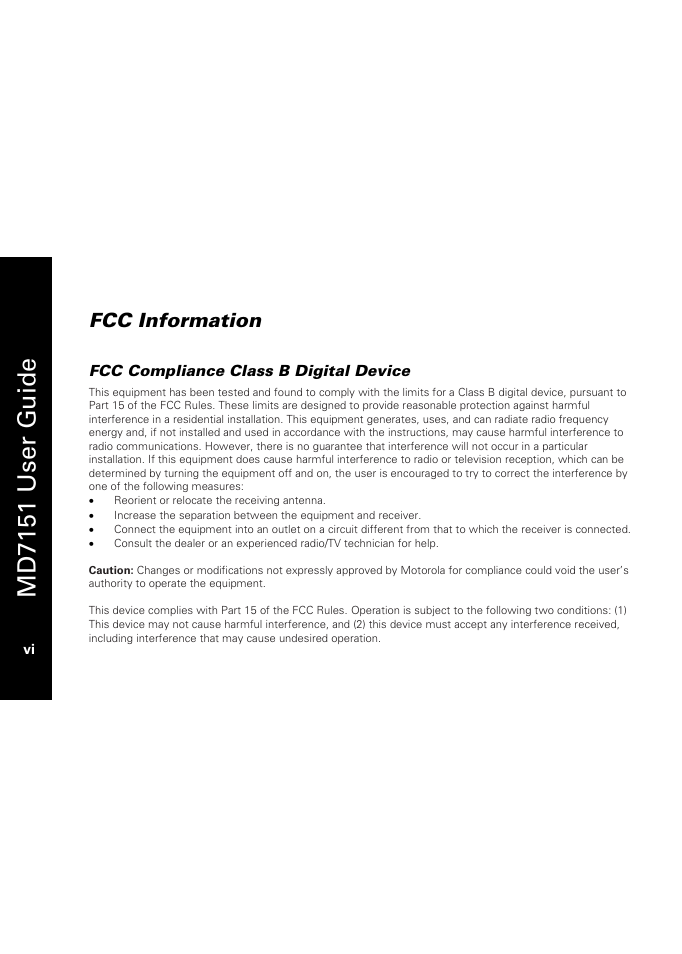 Fcc information, Md7151 user g u ide | Motorola MD7151 User Manual | Page 8 / 57