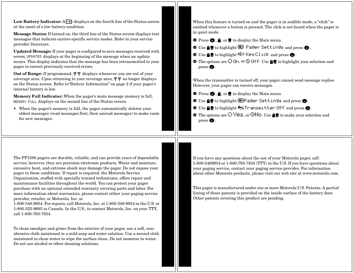 Features, Low battery indicator, Message status | Updated message, Out of range, Memory full indicator, Setting key click, Setting transmitter off mode, Care and maintenance, Questions | Motorola PF1500 User Manual | Page 9 / 13