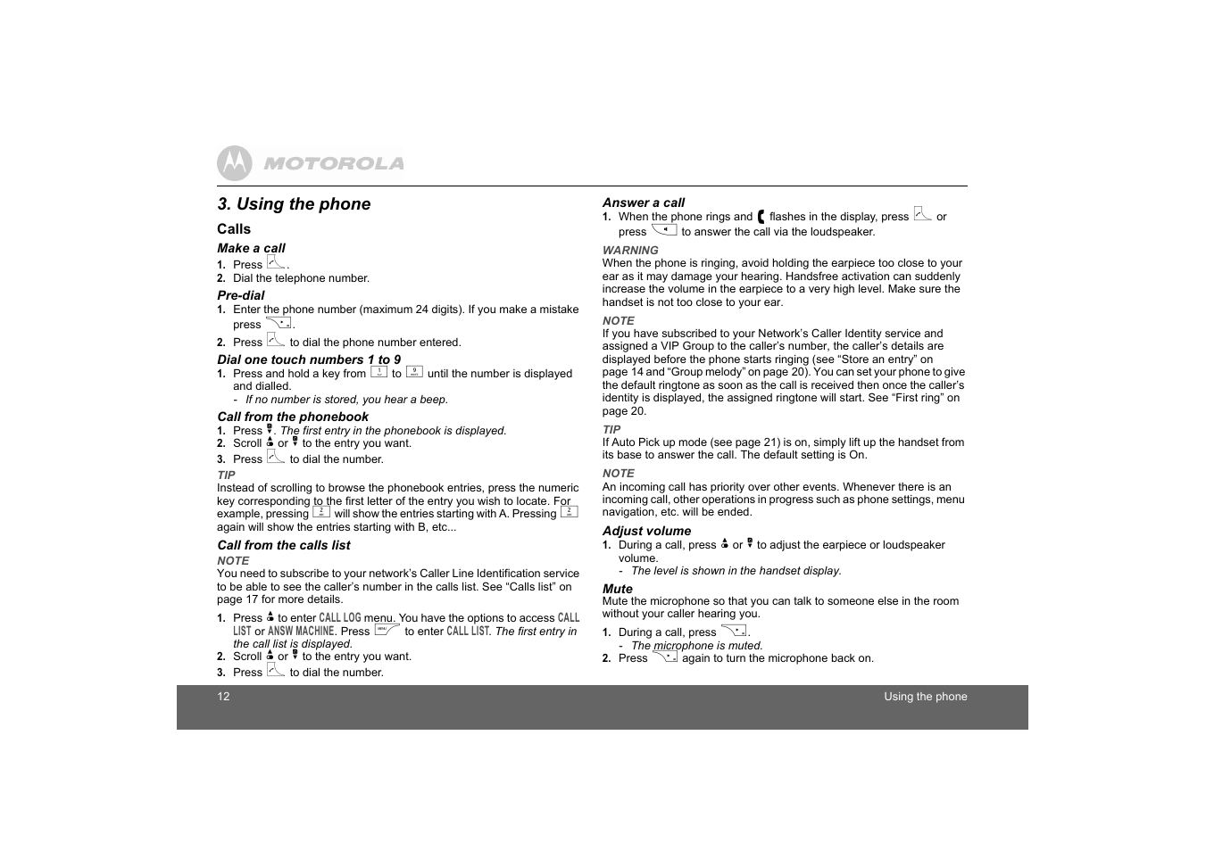 Using the phone, Calls | Motorola D1010 User Manual | Page 12 / 35