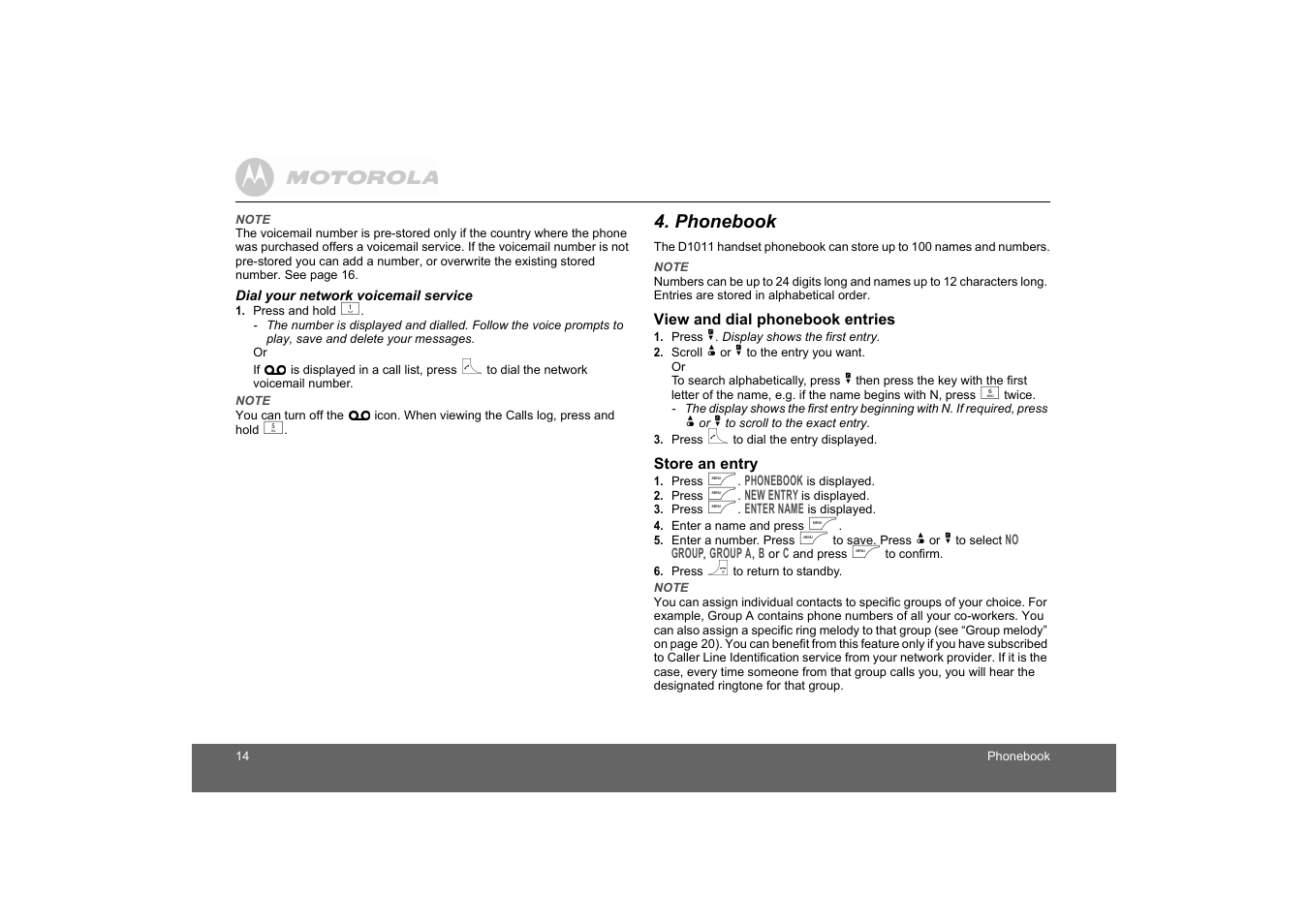 Dial your network voicemail service, Phonebook, View and dial phonebook entries | Store an entry | Motorola D1010 User Manual | Page 14 / 35