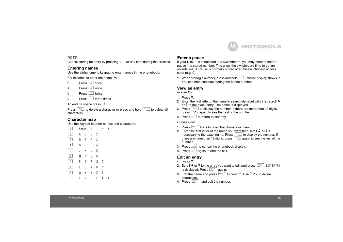 Entering names, Character map, View an entry | Edit an entry | Motorola D1010 User Manual | Page 15 / 35