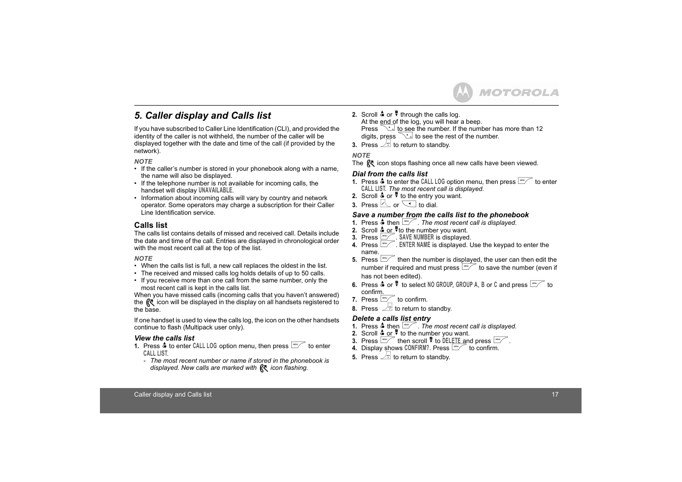 Caller display and calls list, Calls list | Motorola D1010 User Manual | Page 17 / 35