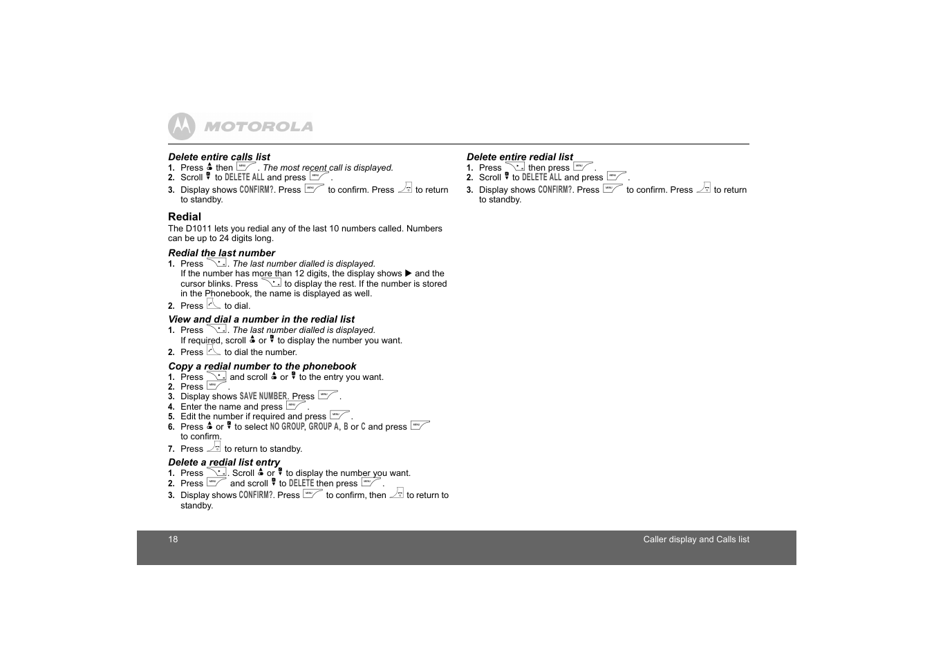 Delete entire calls list, Redial | Motorola D1010 User Manual | Page 18 / 35