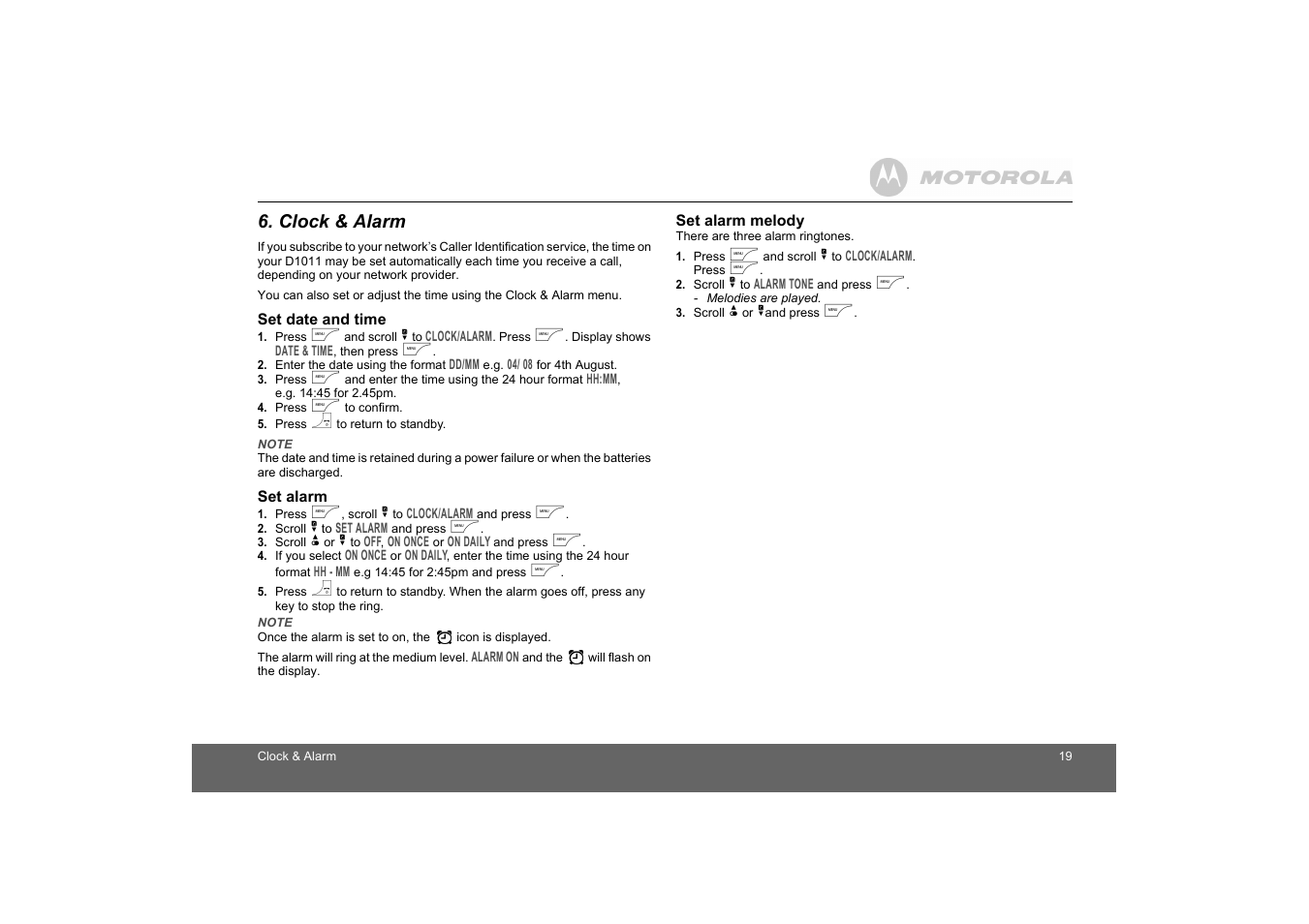 Clock & alarm, Set date and time, Set alarm | Set alarm melody | Motorola D1010 User Manual | Page 19 / 35