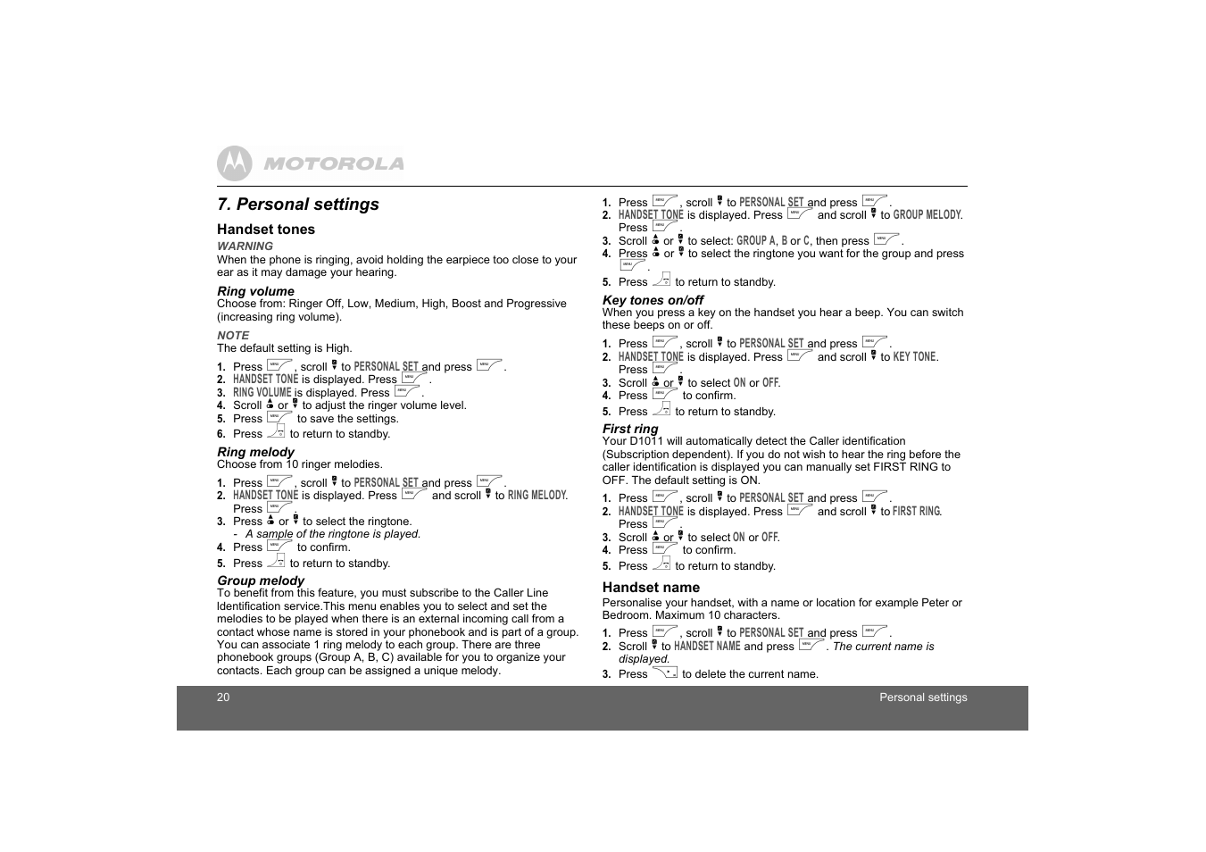 Personal settings, Handset tones, Handset name | Motorola D1010 User Manual | Page 20 / 35