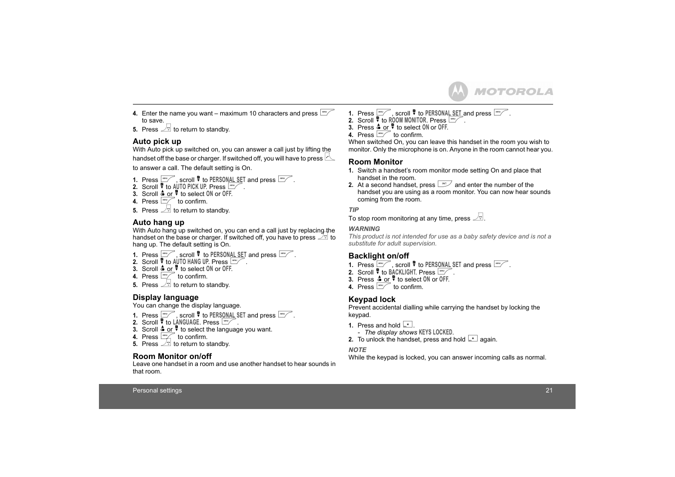 Auto pick up, Auto hang up, Display language | Room monitor on/off, Room monitor, Backlight on/off, Keypad lock | Motorola D1010 User Manual | Page 21 / 35