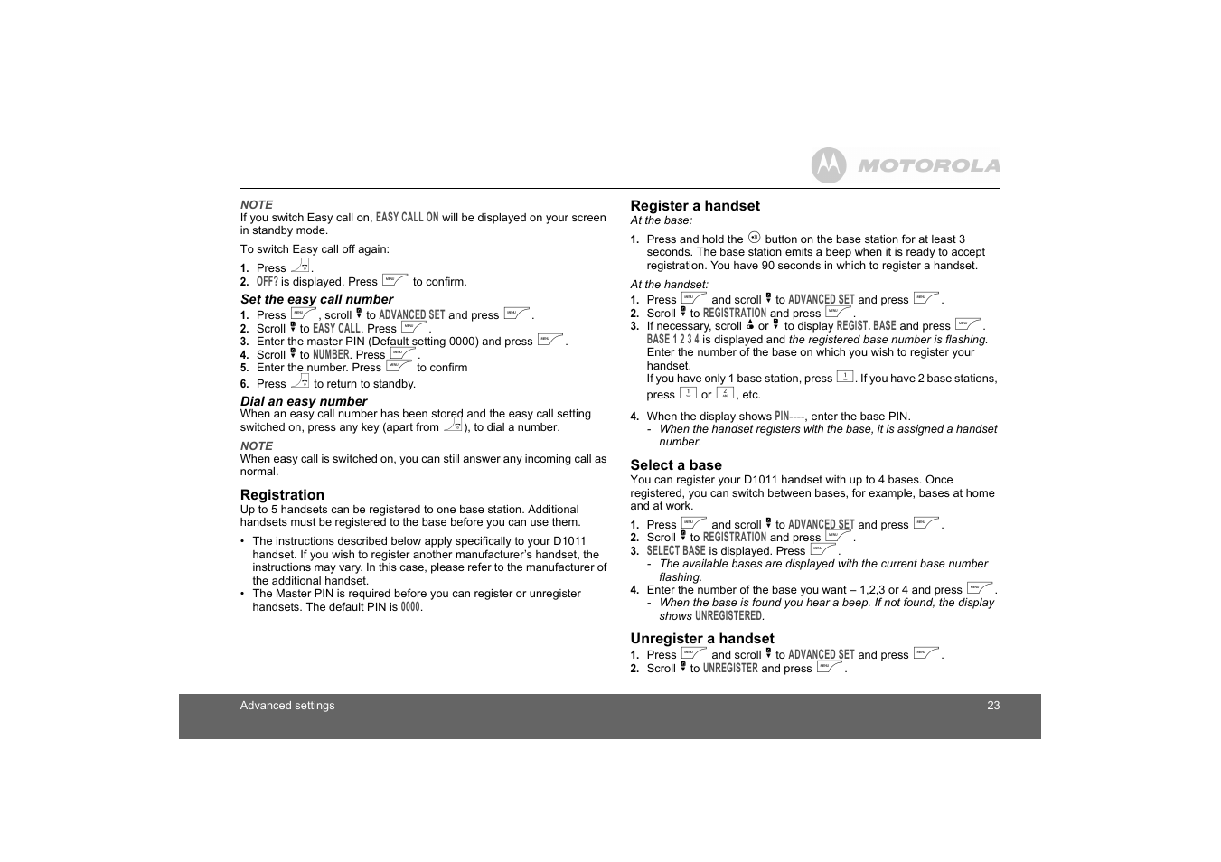Set the easy call number dial an easy number, Registration, Register a handset | Select a base, Unregister a handset | Motorola D1010 User Manual | Page 23 / 35