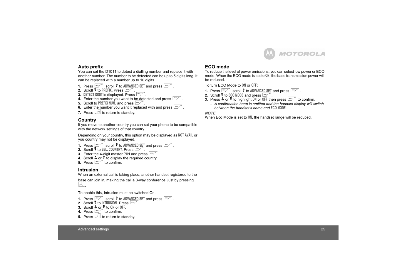 Auto prefix, Country, Intrusion | Eco mode | Motorola D1010 User Manual | Page 25 / 35