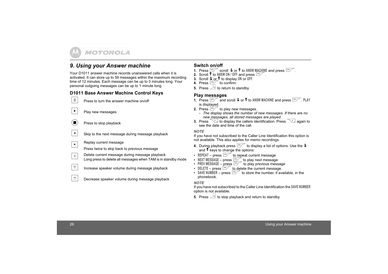 Using your answer machine, D1011 base answer machine control keys, Switch on/off | Play messages | Motorola D1010 User Manual | Page 26 / 35