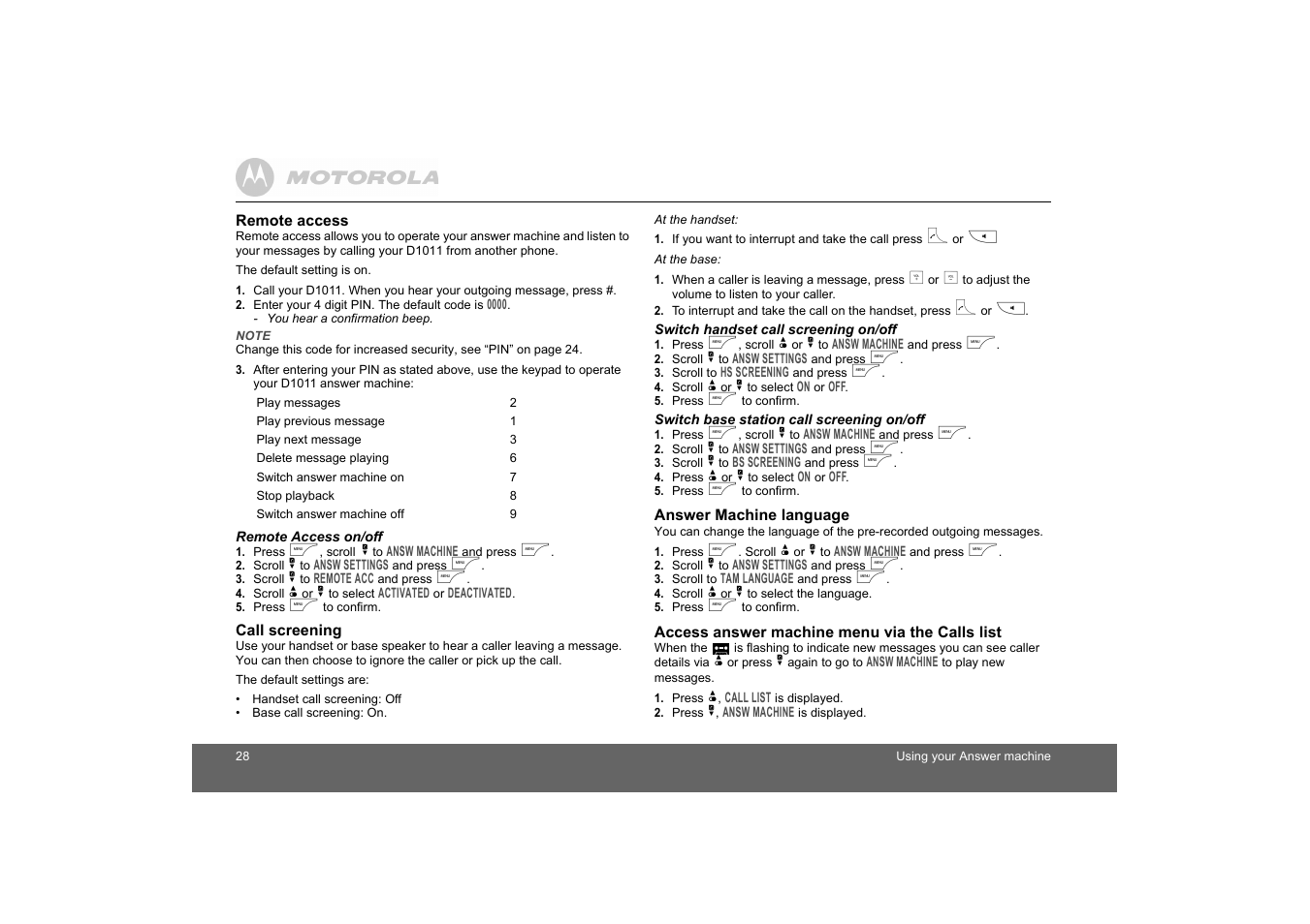 Remote access, Remote access on/off, Call screening | Answer machine language, Access answer machine menu via the calls list | Motorola D1010 User Manual | Page 28 / 35