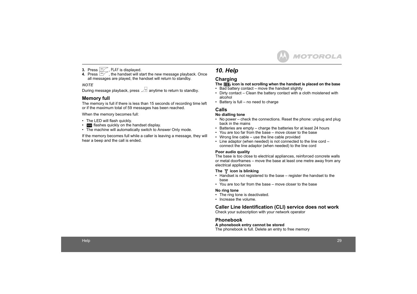 Memory full, Help | Motorola D1010 User Manual | Page 29 / 35