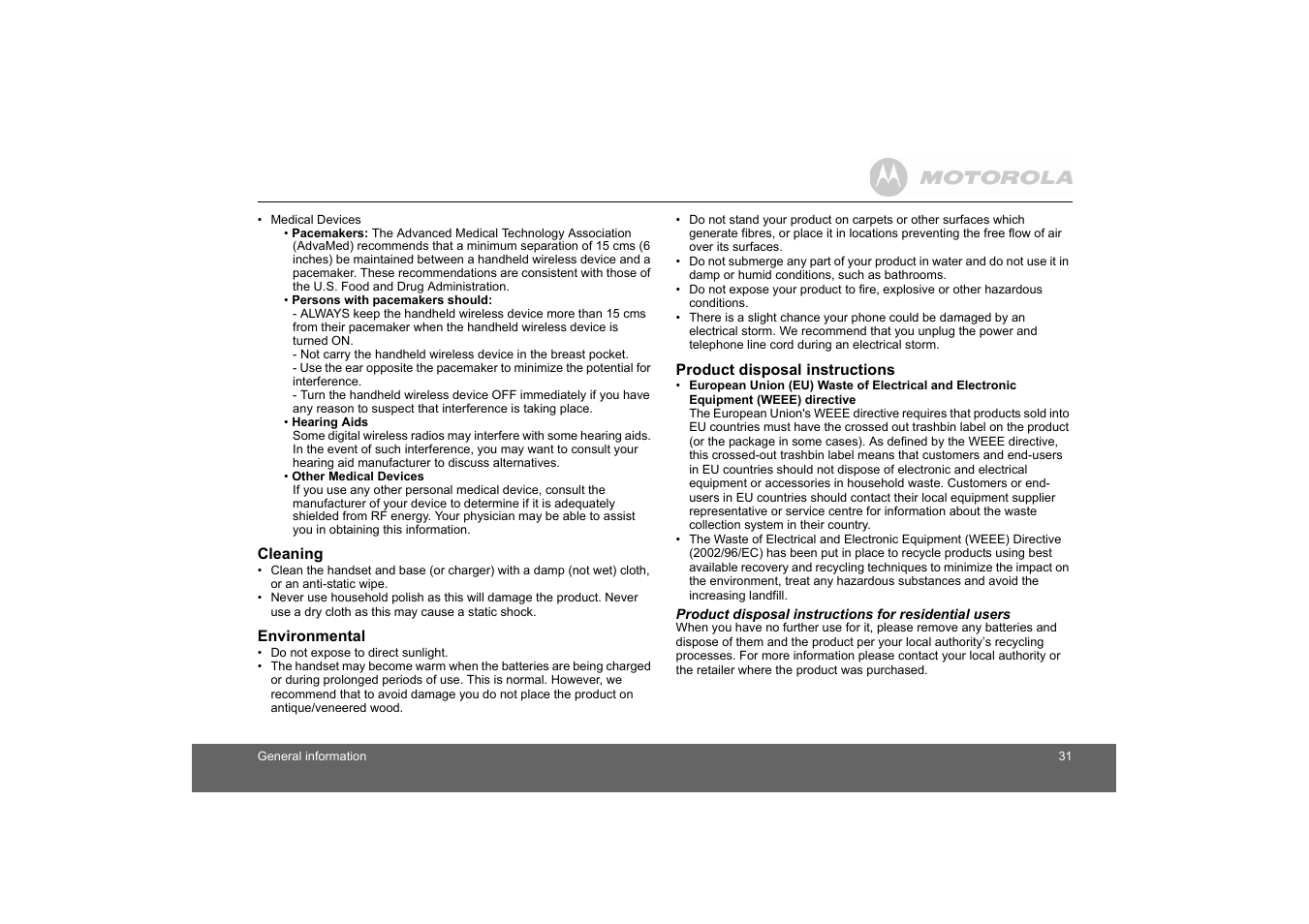 Cleaning, Environmental, Product disposal instructions | Motorola D1010 User Manual | Page 31 / 35