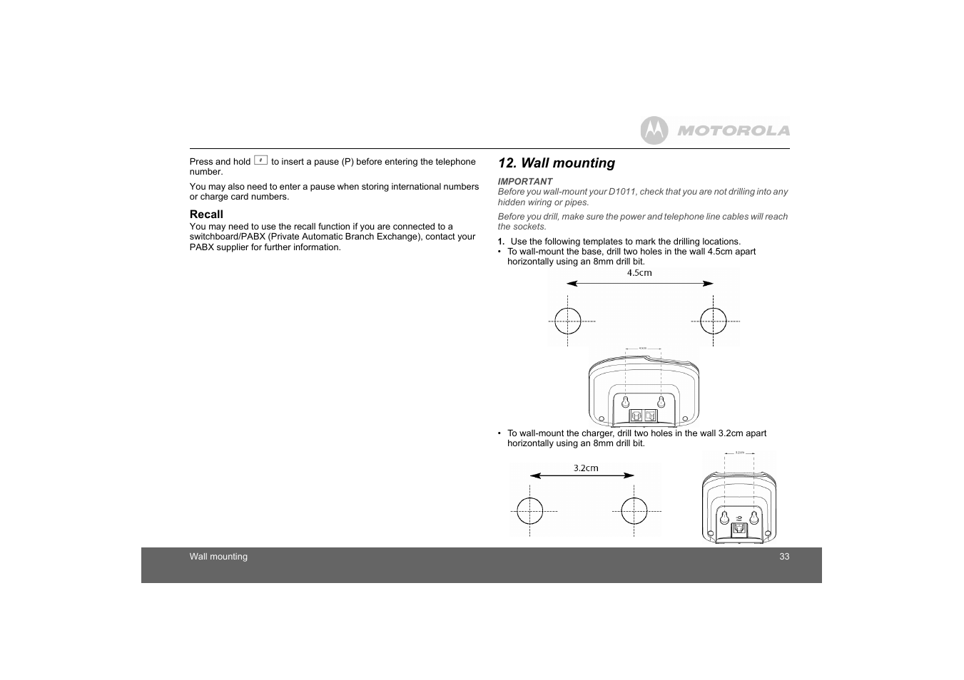 Recall, Wall mounting | Motorola D1010 User Manual | Page 33 / 35