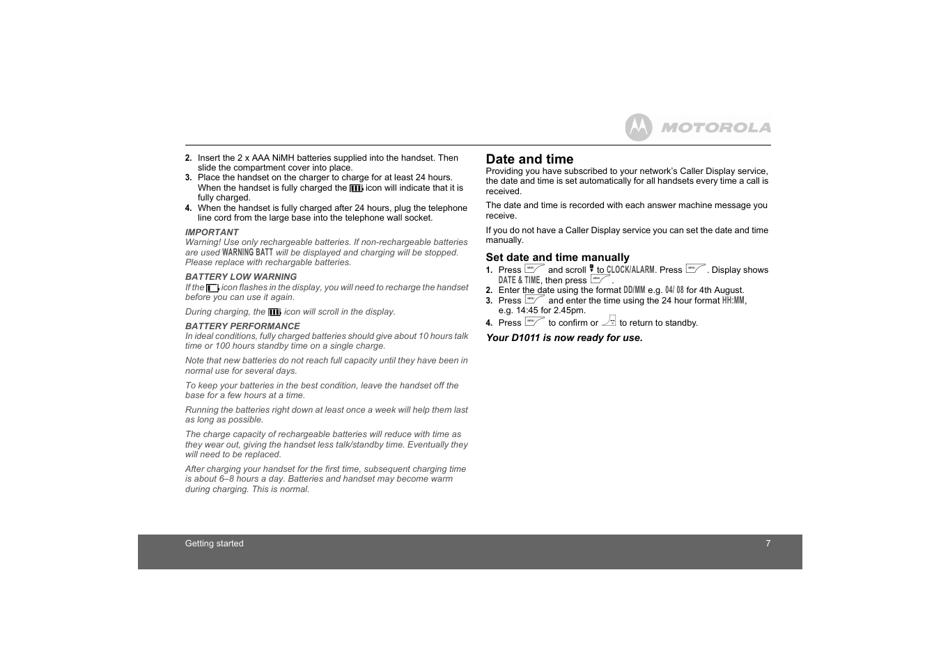 Set date and time manually | Motorola D1010 User Manual | Page 7 / 35