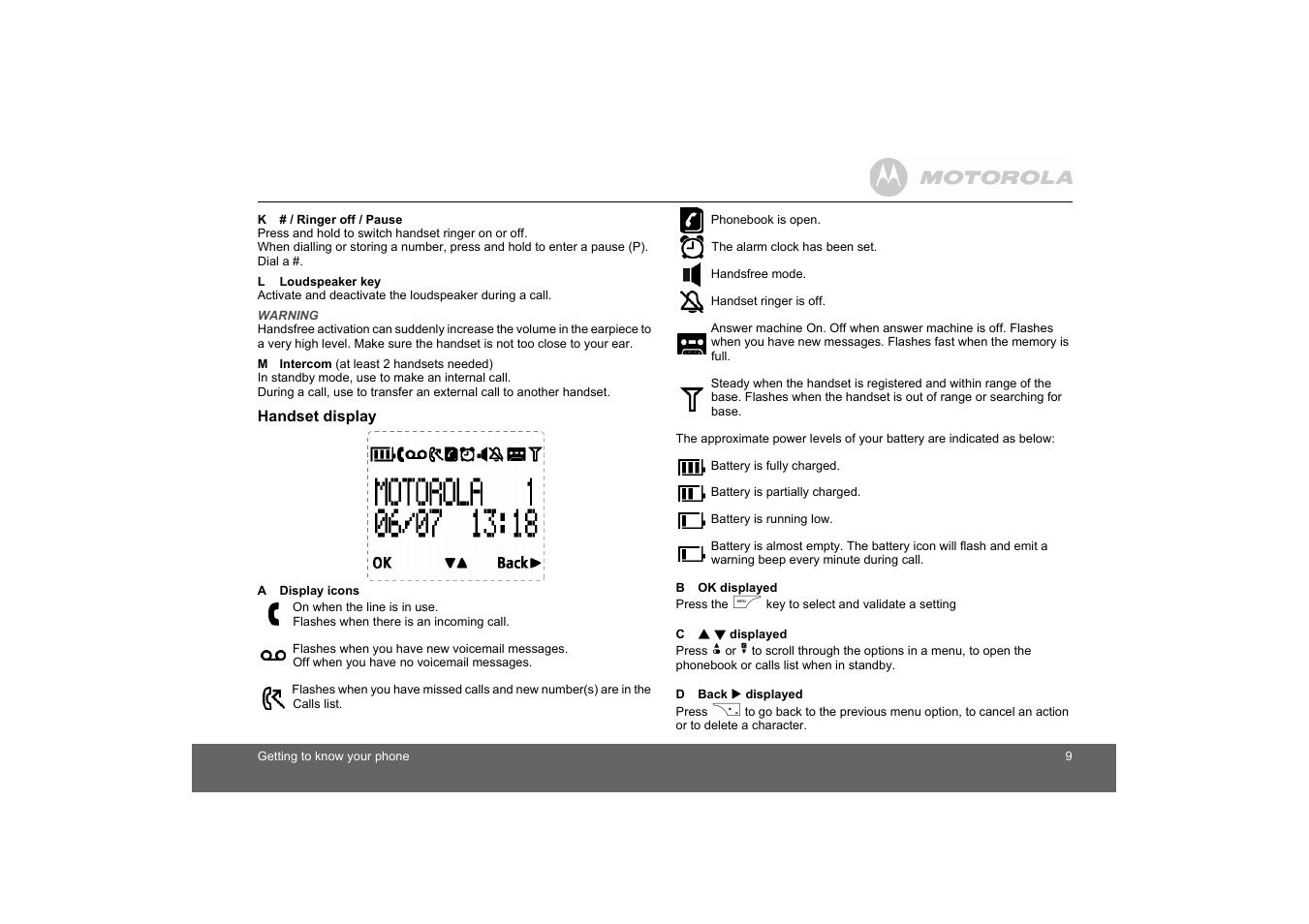Handset display | Motorola D1010 User Manual | Page 9 / 35