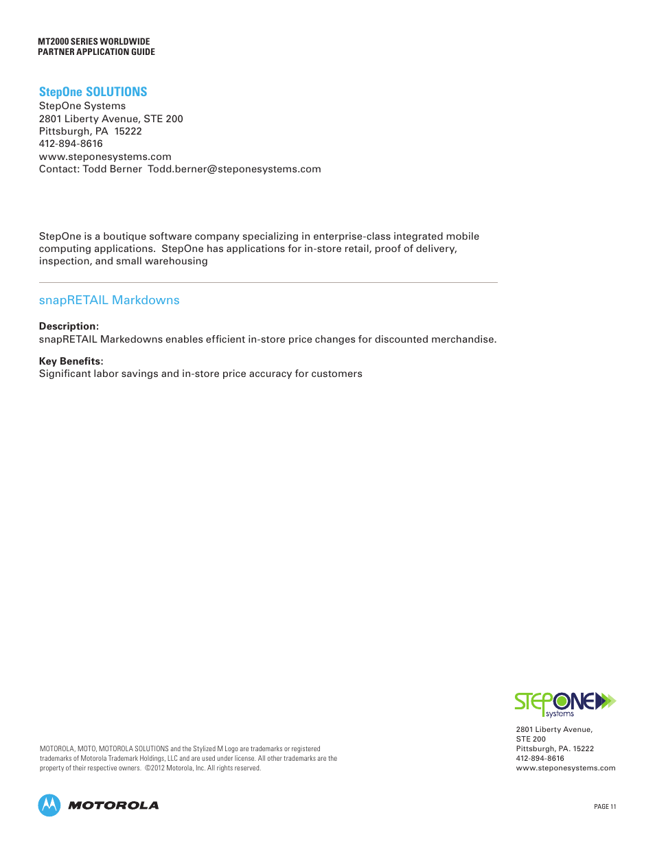 Stepone solutions, Snapretail markdowns | Motorola MT2000 User Manual | Page 11 / 26