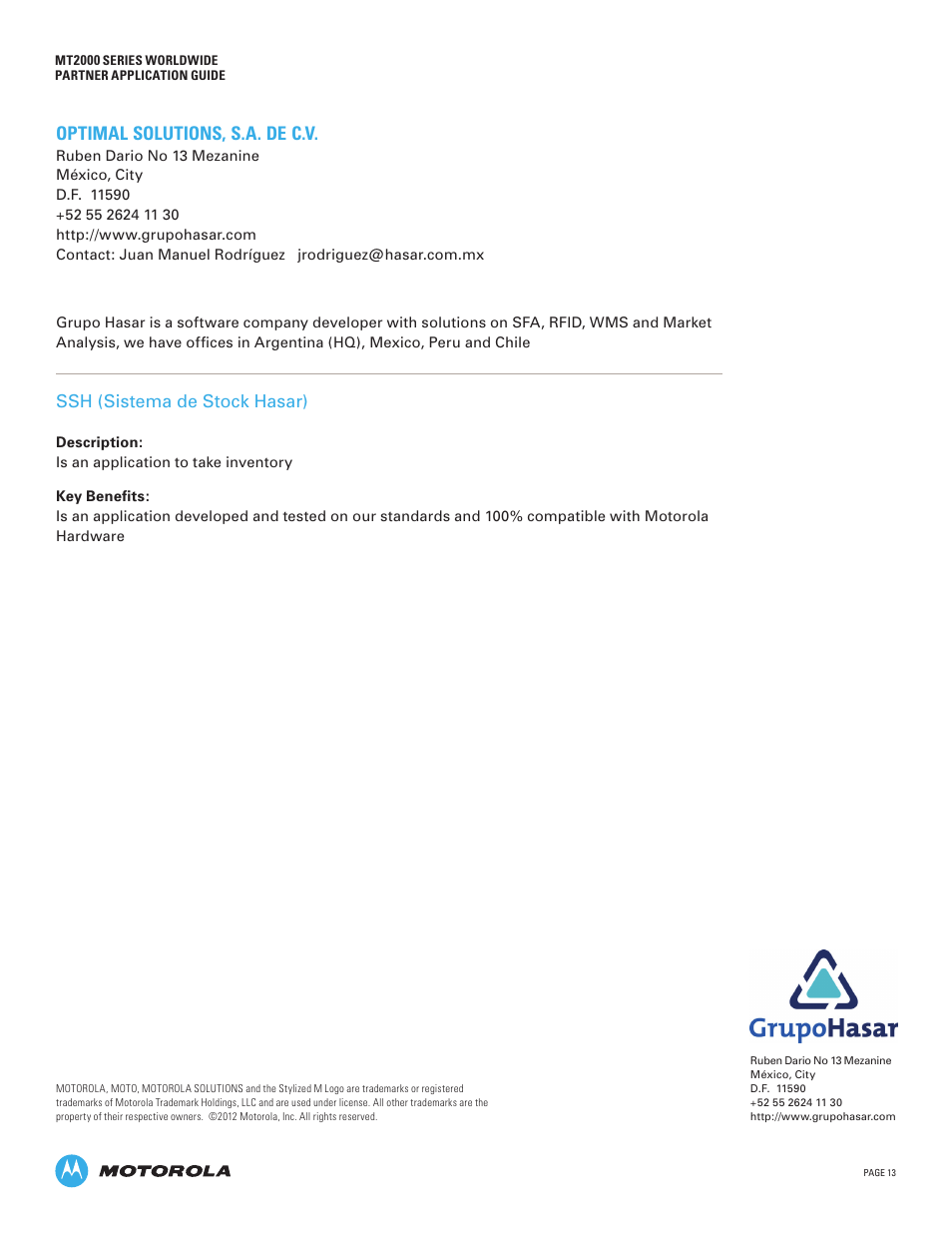 Optimal solutions, s.a. de c.v, Ssh (sistema de stock hasar) | Motorola MT2000 User Manual | Page 13 / 26