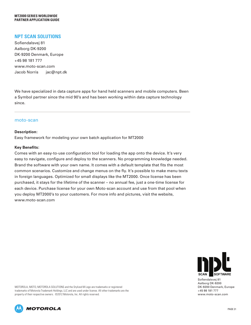 Npt scan solutions, Moto-scan | Motorola MT2000 User Manual | Page 21 / 26
