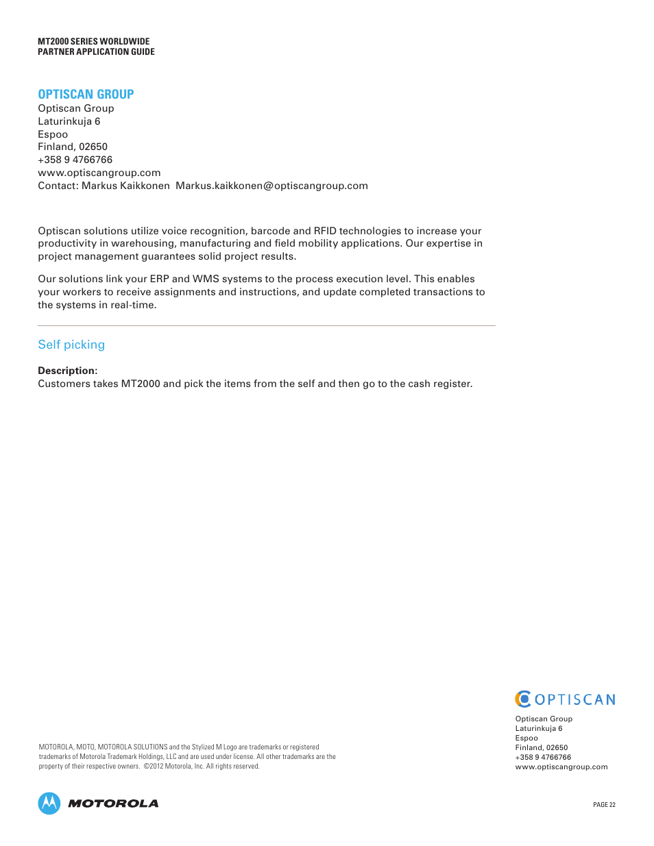 Optiscan group, Self picking | Motorola MT2000 User Manual | Page 22 / 26