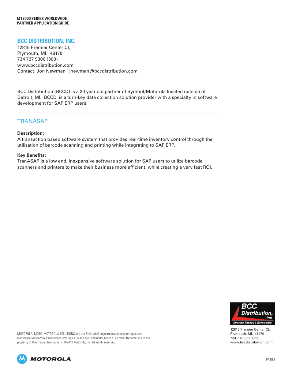 Bcc distribution, inc, Tranasap | Motorola MT2000 User Manual | Page 5 / 26