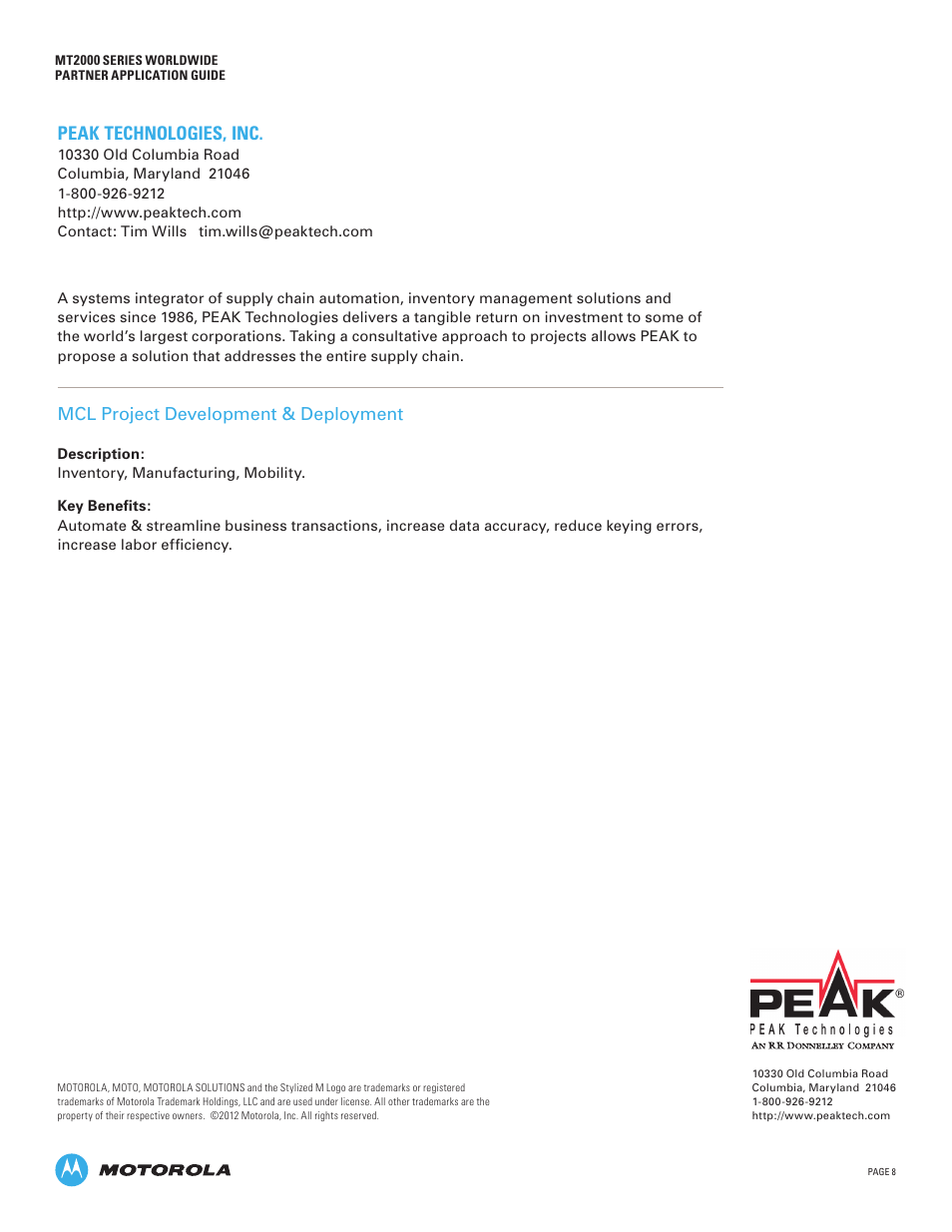 Peak technologies, inc, Mcl project development & deployment | Motorola MT2000 User Manual | Page 8 / 26