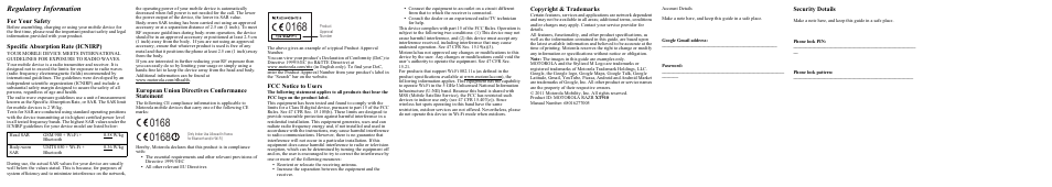 Regulatory information, For your safety, Specific absorption rate (icnirp) | European union directives conformance statement, Fcc notice to users, Copyright & trademarks, Security details | Motorola XT910 User Manual | Page 2 / 2