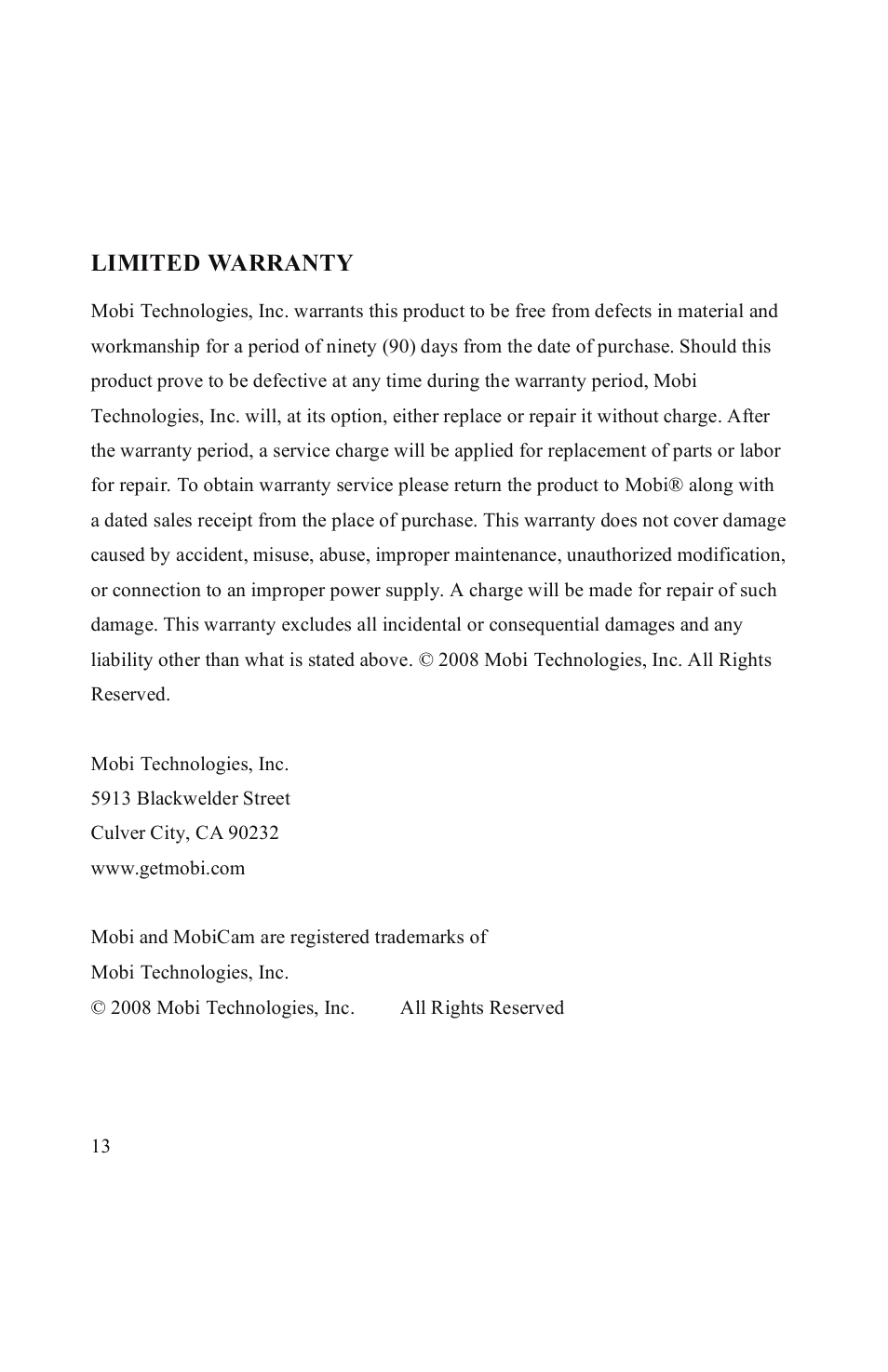 Mobicamavinstr_13, Limited warranty | Mobi Technologies 70060 User Manual | Page 14 / 14