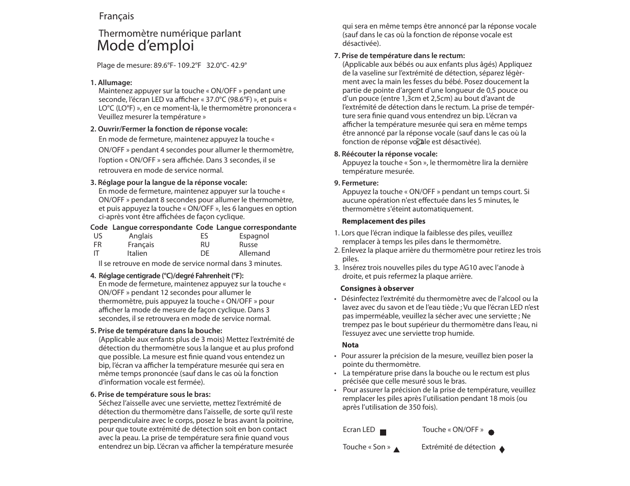 3temptalk_instructions_6languages, Mode d’emploi, Français thermomètre numérique parlant | Mobi Technologies 70123 User Manual | Page 3 / 6