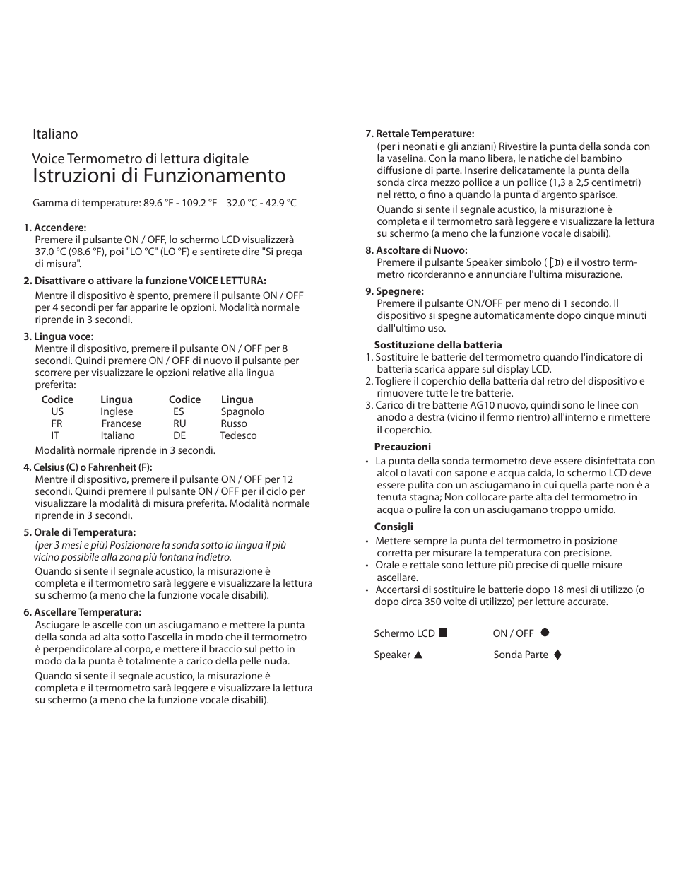 5temptalk_instructions_6languages, Tusv[jpojej'vo[jpobnfoup, Ubmjbop voice termometro di lettura digitale | Mobi Technologies 70123 User Manual | Page 5 / 6