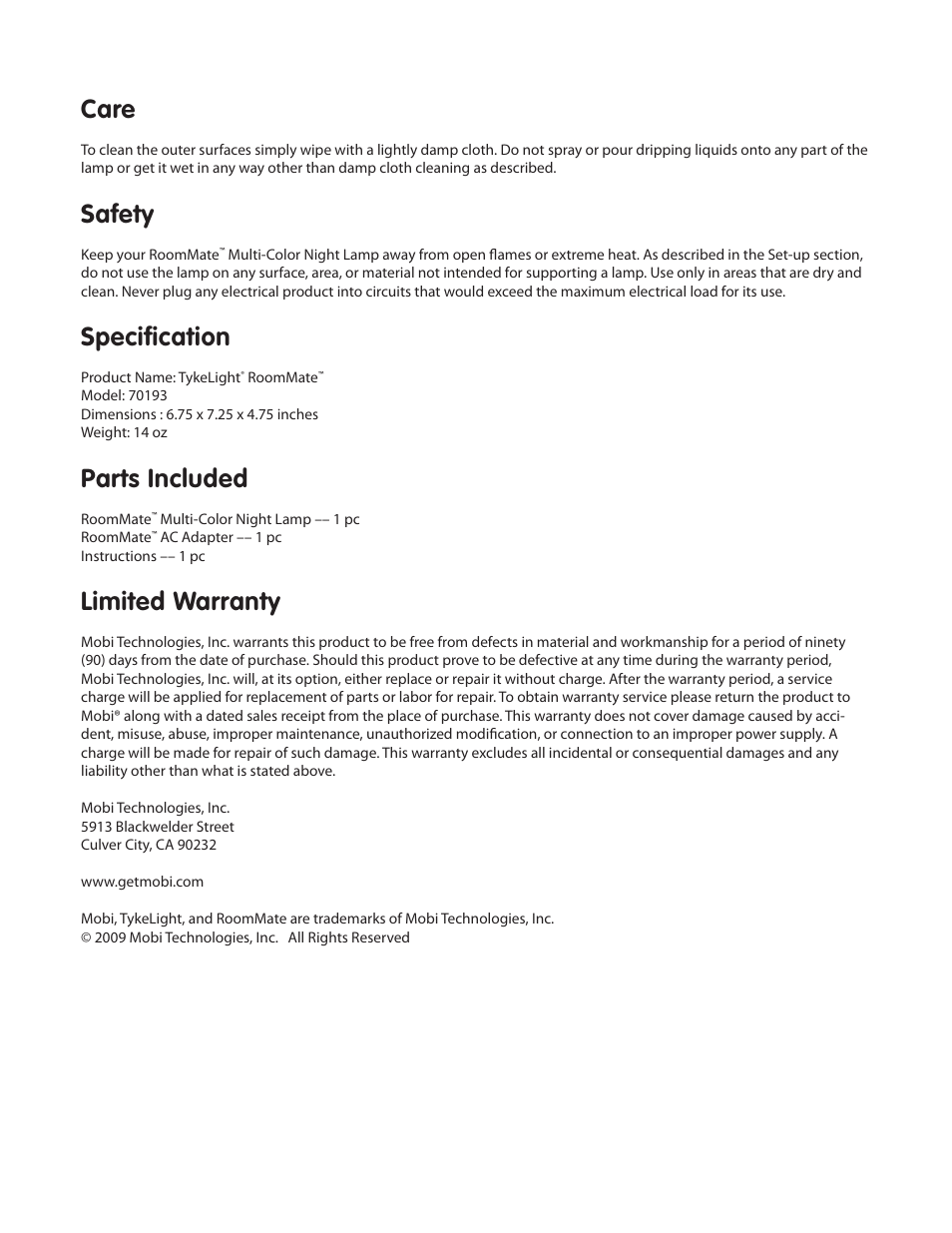 Roommateinstructions_side2, Care, Safety | Specification, Parts included, Limited warranty | Mobi Technologies ROOMMATE 70193 User Manual | Page 2 / 2