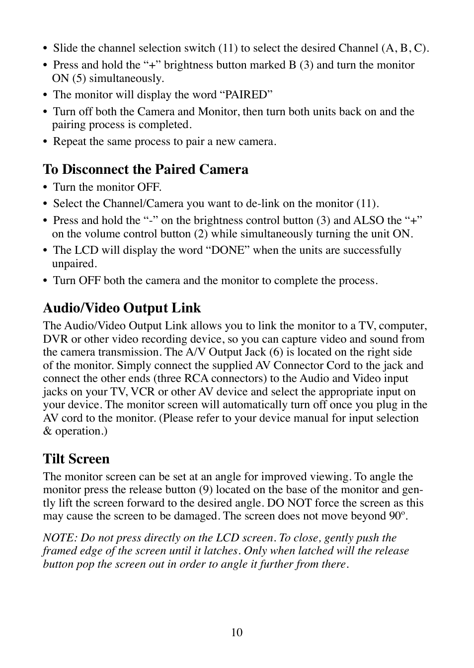 Audio/video output link, Tilt screen | Mobi Technologies MOBICAM 70062 User Manual | Page 12 / 16