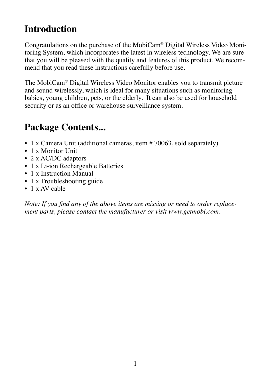 Introduction, Package contents | Mobi Technologies MOBICAM 70062 User Manual | Page 3 / 16