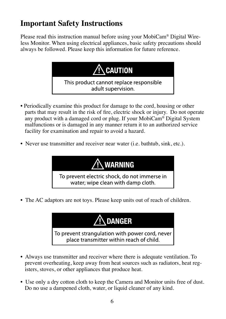 Important safety instructions | Mobi Technologies MOBICAM 70062 User Manual | Page 8 / 16