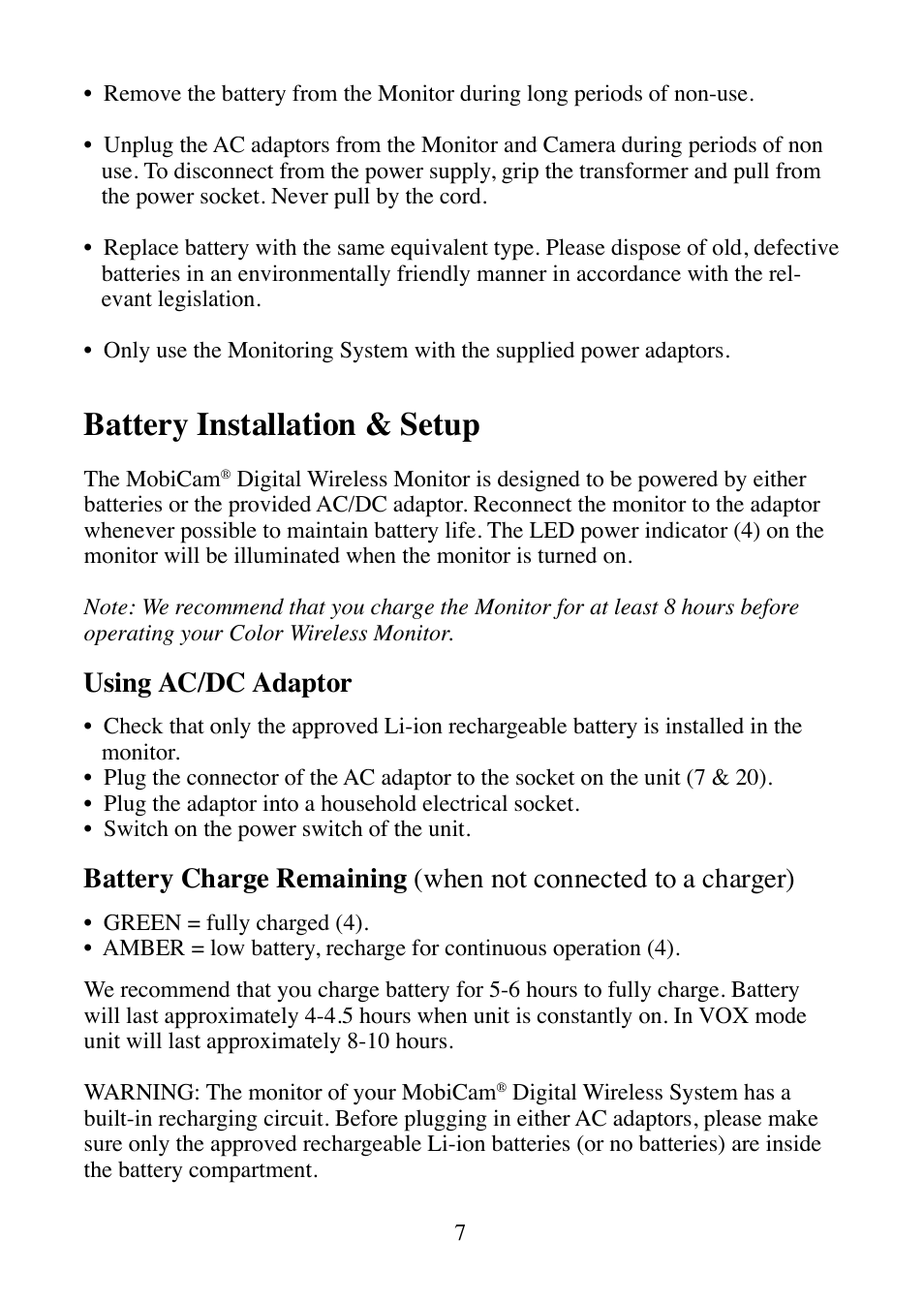 Battery installation & setup, Using ac/dc adaptor | Mobi Technologies MOBICAM 70062 User Manual | Page 9 / 16