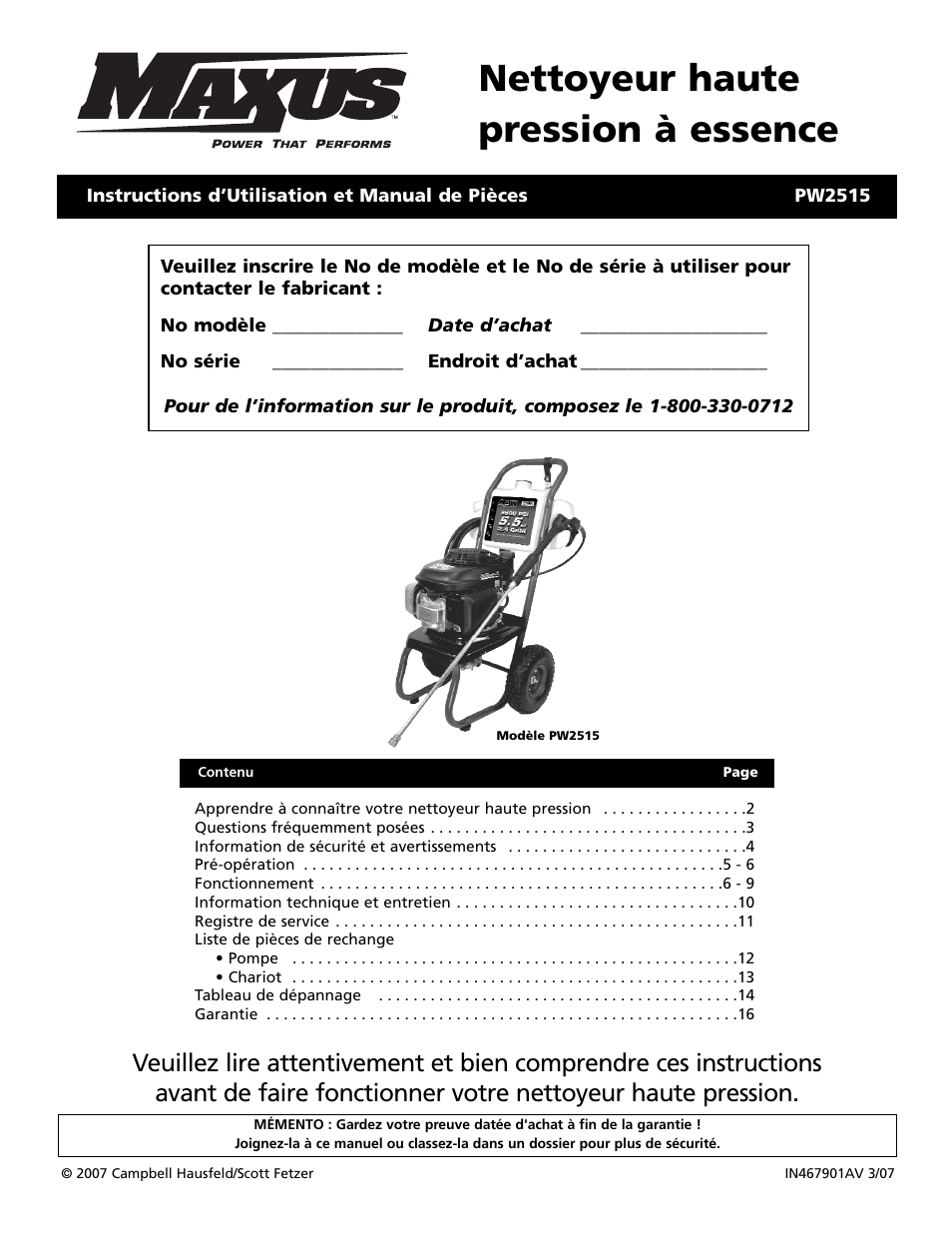Nettoyeur haute pression à essence | Maxus PW2515 User Manual | Page 17 / 48