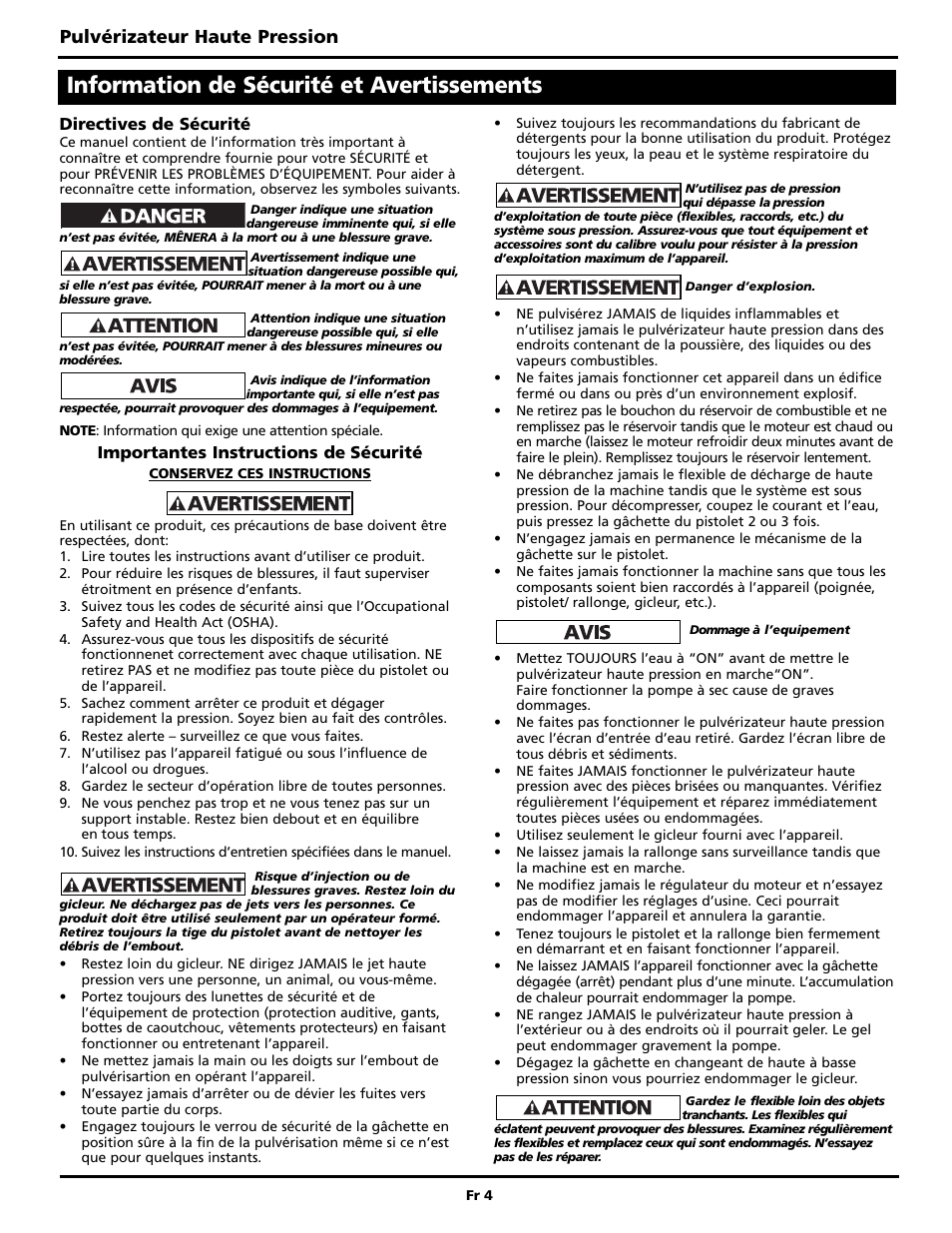 Information de sécurité et avertissements, Pulvérizateur haute pression | Maxus PW2515 User Manual | Page 20 / 48