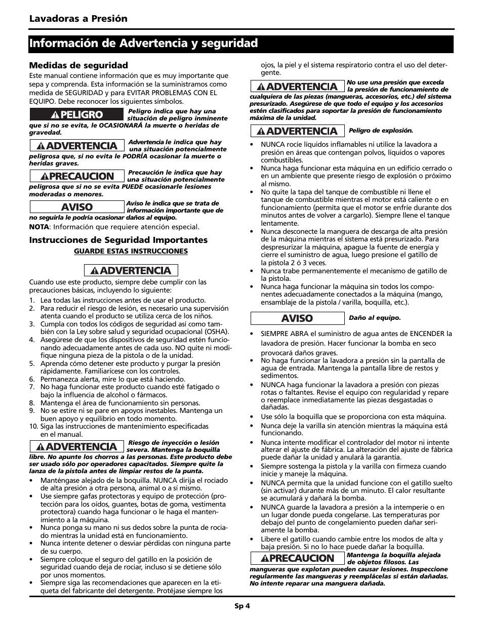 Información de advertencia y seguridad, Lavadoras a presión | Maxus PW2515 User Manual | Page 36 / 48