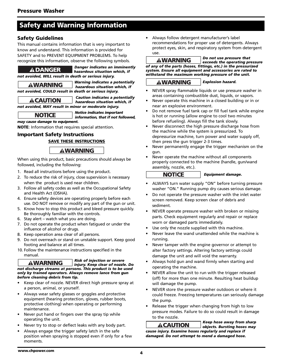 Safety and warning information, Pressure washer | Maxus PW2515 User Manual | Page 4 / 48
