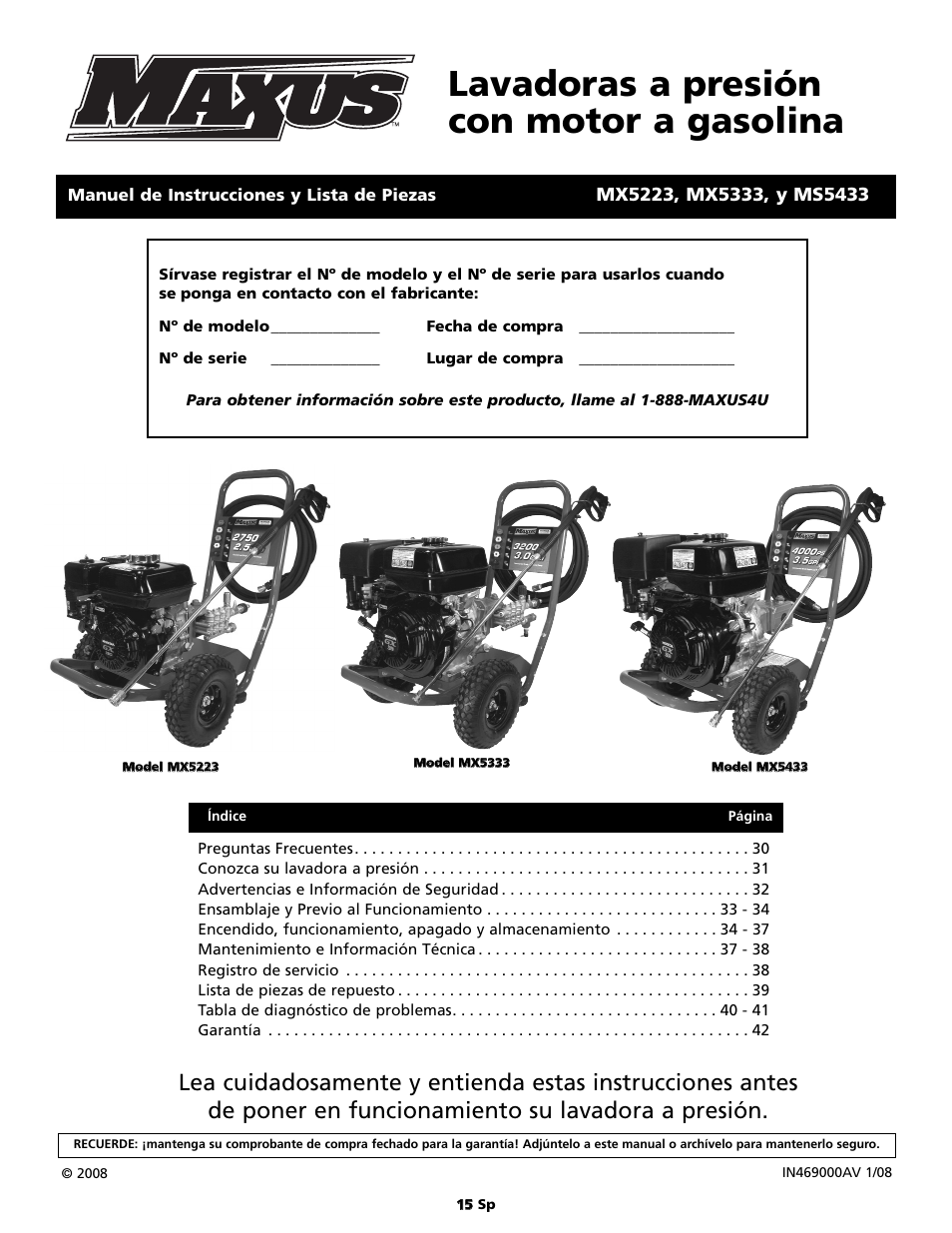 Lavadoras a presión con motor a gasolina | Maxus MX5223 User Manual | Page 15 / 28