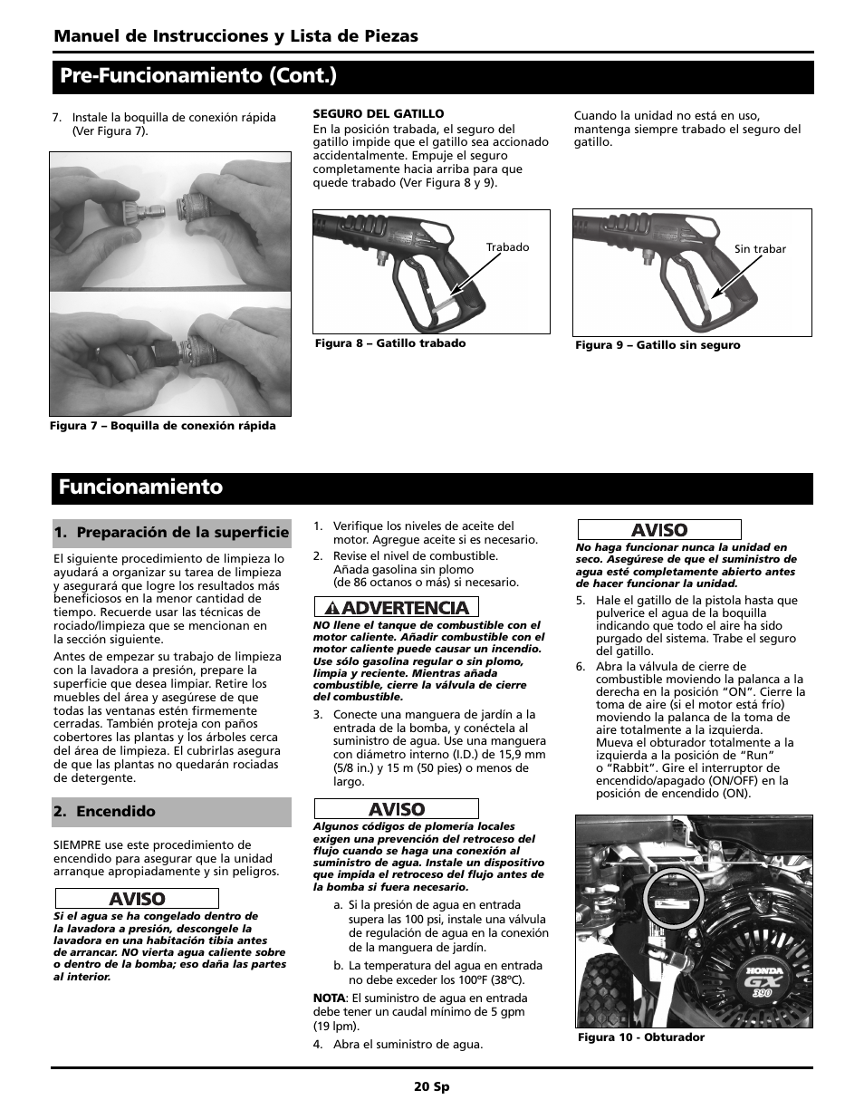 Pre-funcionamiento (cont.), Funcionamiento, Manuel de instrucciones y lista de piezas | Maxus MX5223 User Manual | Page 20 / 28