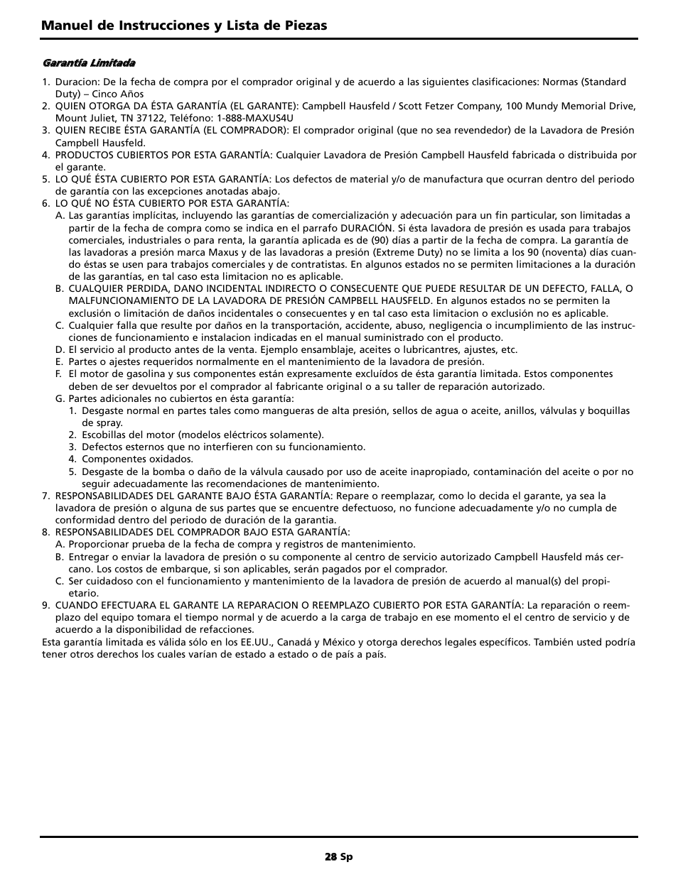 Manuel de instrucciones y lista de piezas | Maxus MX5223 User Manual | Page 28 / 28